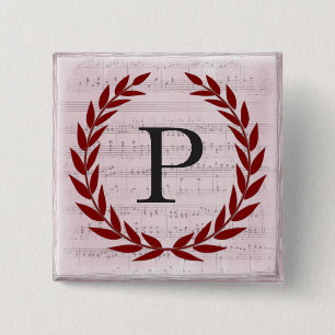 Badge Carré 5 Cm Laurel Wreath Sheet Musique Monogramme initial P