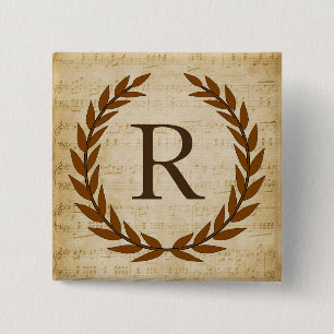 Badge Carré 5 Cm Laurel Wreath Sheet Musique Monogramme initial R