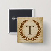 Badge Carré 5 Cm Laurel Wreath Sheet Musique Monogramme initial T (Devant & derrière)