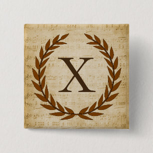 Badge Carré 5 Cm Laurel Wreath Sheet Musique Monogramme initial X