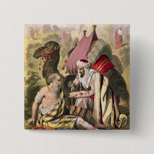 Badge Carré 5 Cm Le bon Samaritain, d'une bible imprimée par
