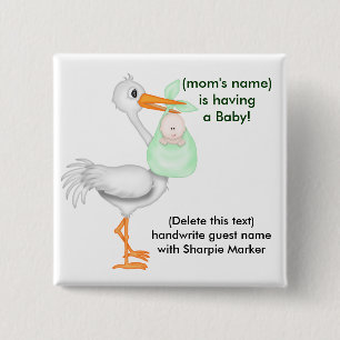 Badge Carré 5 Cm Le nom vert de baby shower goupille la cigogne