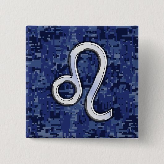 Badge Carré 5 Cm Leo Zodiac Sign on Navy Blue Digital Camouflage (Devant)