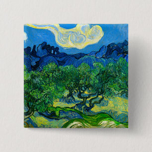 Badge Carré 5 Cm Les oliviers de Van Gogh dans un paysage montagneu