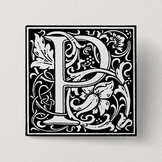Badge Carré 5 Cm Lettre alphabet de style Renaissance P - Épingle (Devant)