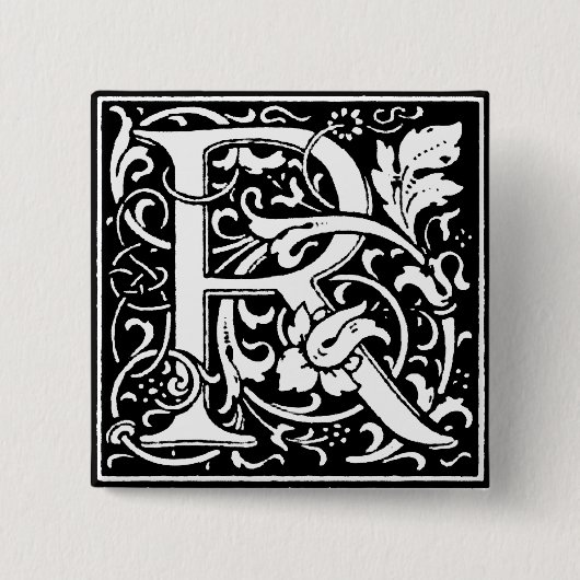 Badge Carré 5 Cm Lettre alphabet Renaissance R - Épingle (Devant)