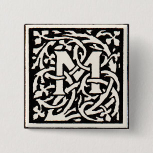 Badge Carré 5 Cm Lettre Art Nouveau M Monogramme Vintage