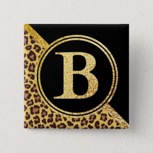 Badge Carré 5 Cm Lettre B Monogramme Empreinte de léopard or et noi