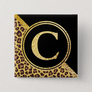Badge Carré 5 Cm Lettre C Monogramme Empreinte de léopard or et noi