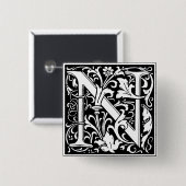 Badge Carré 5 Cm Lettre N Monogramme médiéval Art Nouveau (Devant & derrière)