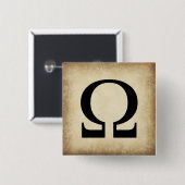 Badge Carré 5 Cm Lettre Omega d'alphabet grec (Devant & derrière)