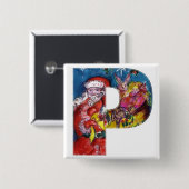 BADGE CARRÉ 5 CM LETTRE P DE NOËL / PÈRE NOËL AVEC CADEAUX MONOGRAM (Devant & derrière)