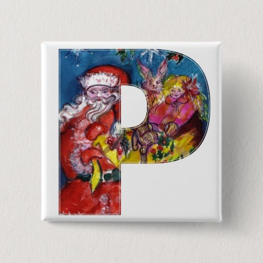BADGE CARRÉ 5 CM LETTRE P DE NOËL / PÈRE NOËL AVEC CADEAUX MONOGRAM (Devant)