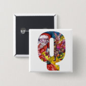 BADGE CARRÉ 5 CM LETTRE Q DE NOËL / PÈRE NOËL AVEC CADEAUX MONOGRAM (Devant & derrière)