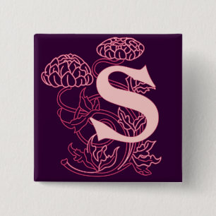 Badge Carré 5 Cm Lettre S Monogramme Floral Art Nouveau Élégant