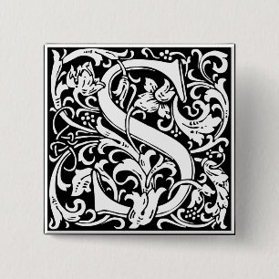 Badge Carré 5 Cm Lettre S Monogramme médiéval Art Nouveau
