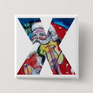 BADGE CARRÉ 5 CM LETTRE X DE NOËL / PÈRE NOËL AVEC MONOGRAM DE VIOL