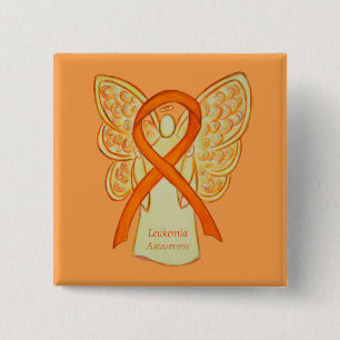 Badge Carré 5 Cm Leucémie Orange Sensibilisation Ruban Angel Art Pi