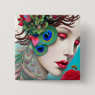 Badge Carré 5 Cm Lèvres Rouges et Roses Paon Abstrait
