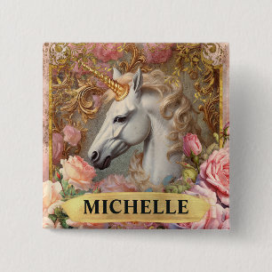 Badge Carré 5 Cm Licorne blanche vintage aquarelle et roses roses