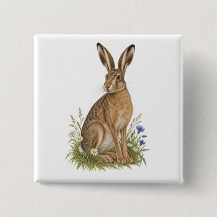 Badge Carré 5 Cm Lièvre à longues oreilles avec pâquerettes et bleu
