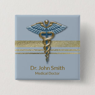 Badge Carré 5 Cm Light Blue Caduceus Faux Gold Foil Stripes Medical
