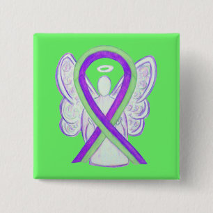 Badge Carré 5 Cm Lime Green & Purple Awareness Ribbon Angel Pins