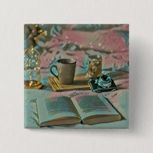 Badge Carré 5 Cm Lire Livres, Boire Café