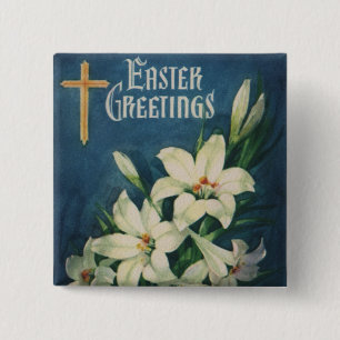 Badge Carré 5 Cm Lis de Pâques Fleurs, Pâques Religieux Vintage
