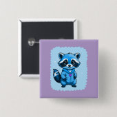 Badge Carré 5 Cm Little Raccoon En Bleu Bouton (Devant & derrière)