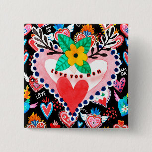 Badge Carré 5 Cm Love You Mom Colorful Mexican Hearts Fête des mère