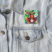Badge Carré 5 Cm Mad Hatter et Rabbit (En situation)
