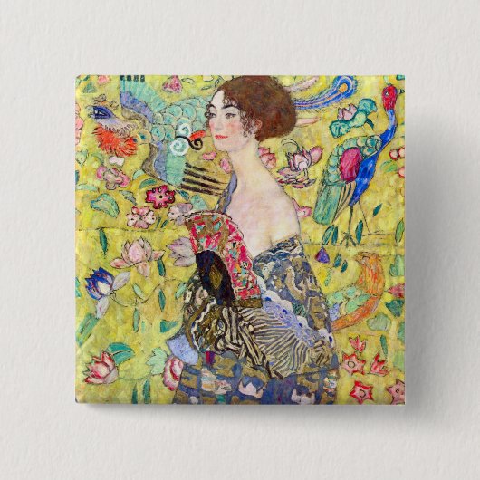Badge Carré 5 Cm Madame avec la fan par Gustav Klimt (Devant)