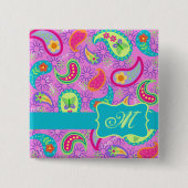 Badge Carré 5 Cm Magenta rose Turquoise moderne Paisley Monogramme (Devant)