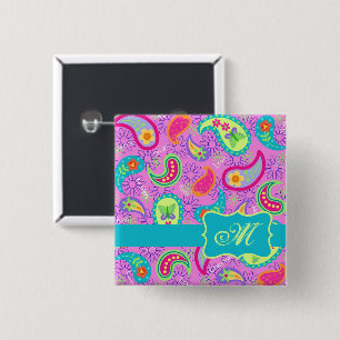 Badge Carré 5 Cm Magenta rose Turquoise moderne Paisley Monogramme
