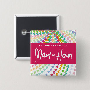 Badge Carré 5 Cm MAID OF HONOR Rainbow Hearts arrose Mariage