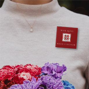 Badge Carré 5 Cm Maid of Honor Red Carré Double Happiness Mariage