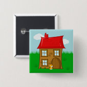 Badge Carré 5 Cm Maison en brique avec toit rouge et chat Ginger (Devant & derrière)