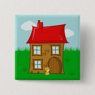 Badge Carré 5 Cm Maison en briques avec toit rouge et chat roux