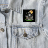 Badge Carré 5 Cm Maison hantée et petite sorcière (En situation)