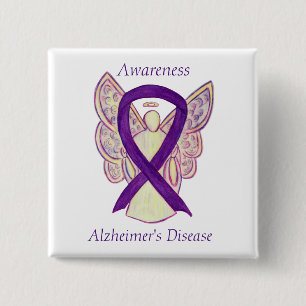 Badge Carré 5 Cm Maladie d'Alzheimer Pins d'Art Ange en Ruban Viole