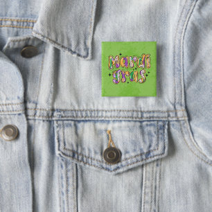 Badge Carré 5 Cm Mardi Gras jaune vert pourpre