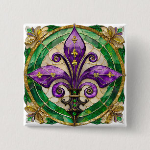 Badge Carré 5 Cm Mardi Gras Vitrail Fleur de lis