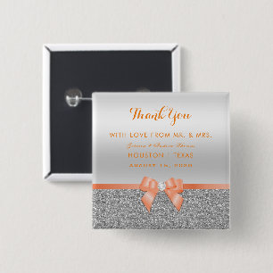 Badge Carré 5 Cm Mariage corail romantique avec nœud et paillettes