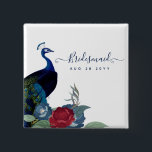 Badge Carré 5 Cm Mariage de automne d'hiver Peacock Blue Burgundy<br><div class="desc">Magnifique Peacock avec Turquoise et bleu, fleurs bordeaux, feuilles sauge vert cet automne, automne, articles de mariage d'hiver. Une partie d'une collection plus grande qui comprend des invitations à des mariages à prix réduit, des dates de remise, des RSVP, des remerciements aux cartes photos, des cadeaux de mariage et de...</div>