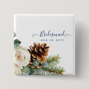 Badge Carré 5 Cm Mariage d'hiver Eucalyptus Verdure Roses blanches