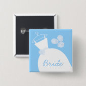 Badge Carré 5 Cm Mariage Gown bleu 'Bride' noir (Devant & derrière)