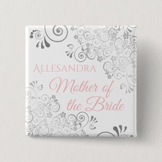 Badge Carré 5 Cm Mariage Mère de la mariée Nom Balise Rose & Grey (Devant)