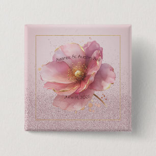 Badge Carré 5 Cm Mariage Minimaliste Poppy Rose et Or