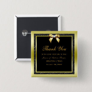 Badge Carré 5 Cm Mariage Pailleté Or Glamour et Ruban Noir
